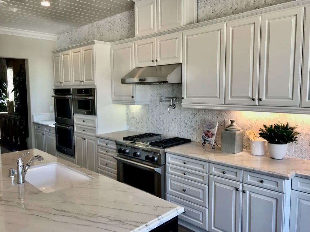 Modern kitchen with white cabinetry, marble countertops, stainless steel appliances, and plants.